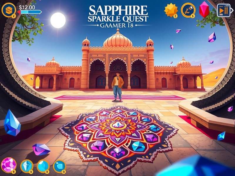 Sapphire Sparkle Quest gameplay screenshot showing the magical kingdom of Ratnagiri with floating sapphire crystals